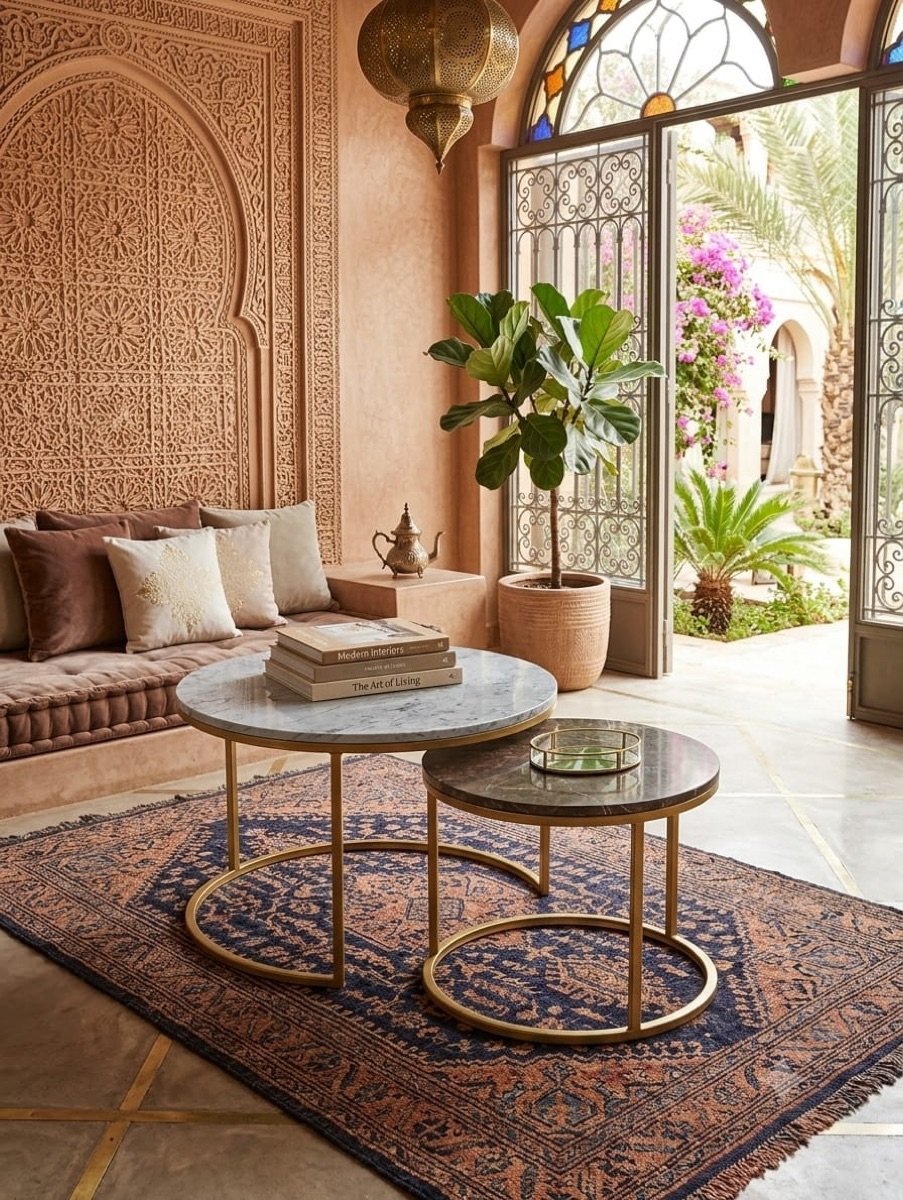 طقم طاولات قهوة بمظهر رخامي بأرجل ذهبية (قطعتان) - Image 4